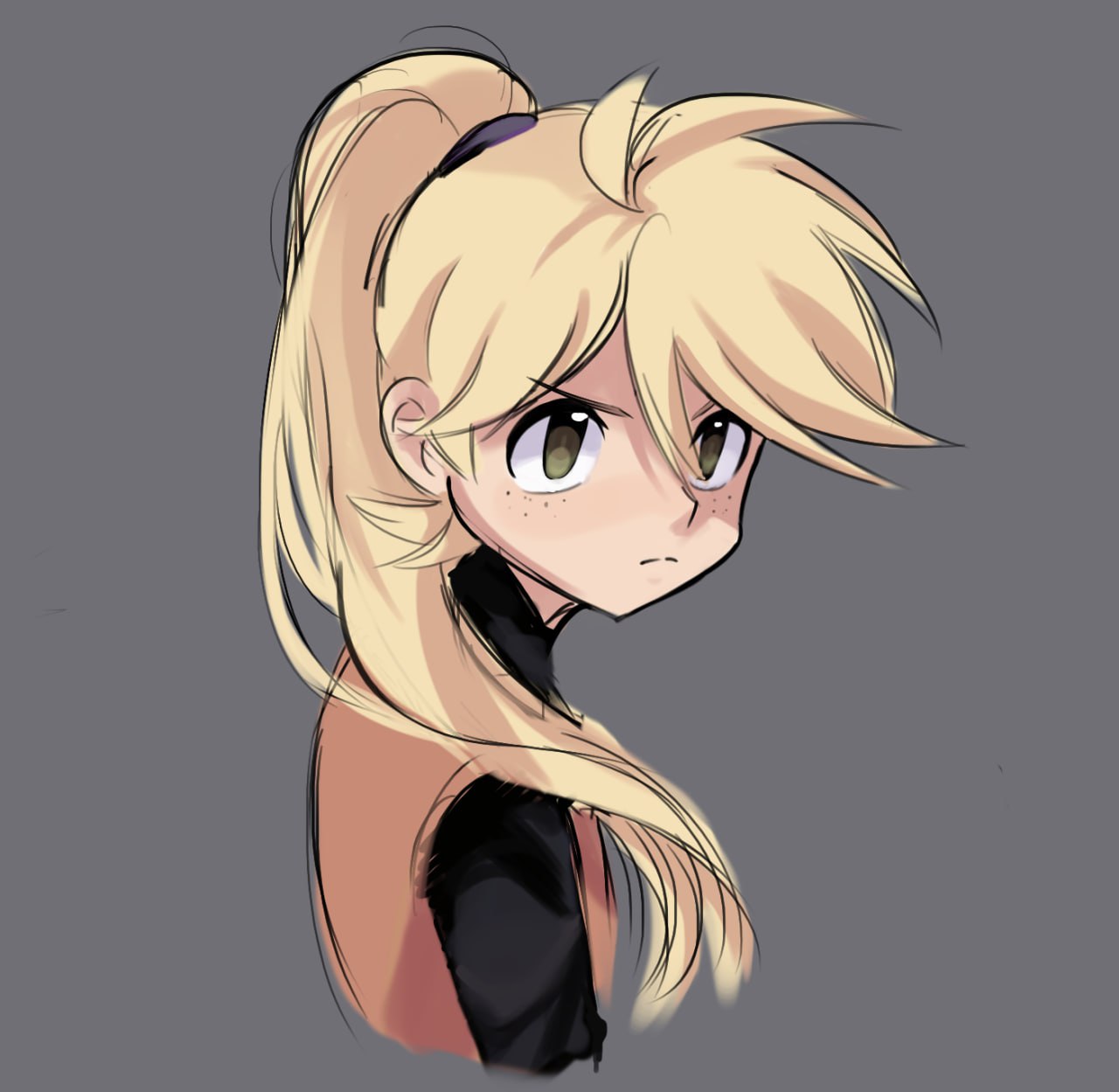 1girl, black_shirt, blonde_hair, brown_eyes, closed_mouth, commentary, english_commentary, freckles, frown, grey_background, hair_between_eyes, highres, long_hair, nottsukkomia, pokemon, pokemon_adventures, ponytail, shirt, solo, tunic, upper_body, yellow_(pokemon)