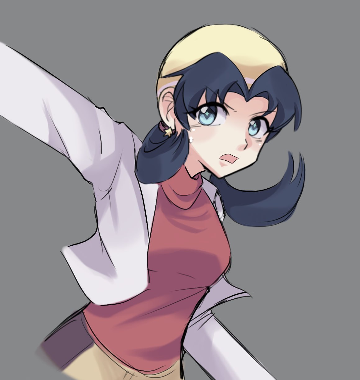 1girl, blue_eyes, blue_hair, commentary, crystal_(pokemon), earrings, english_commentary, grey_background