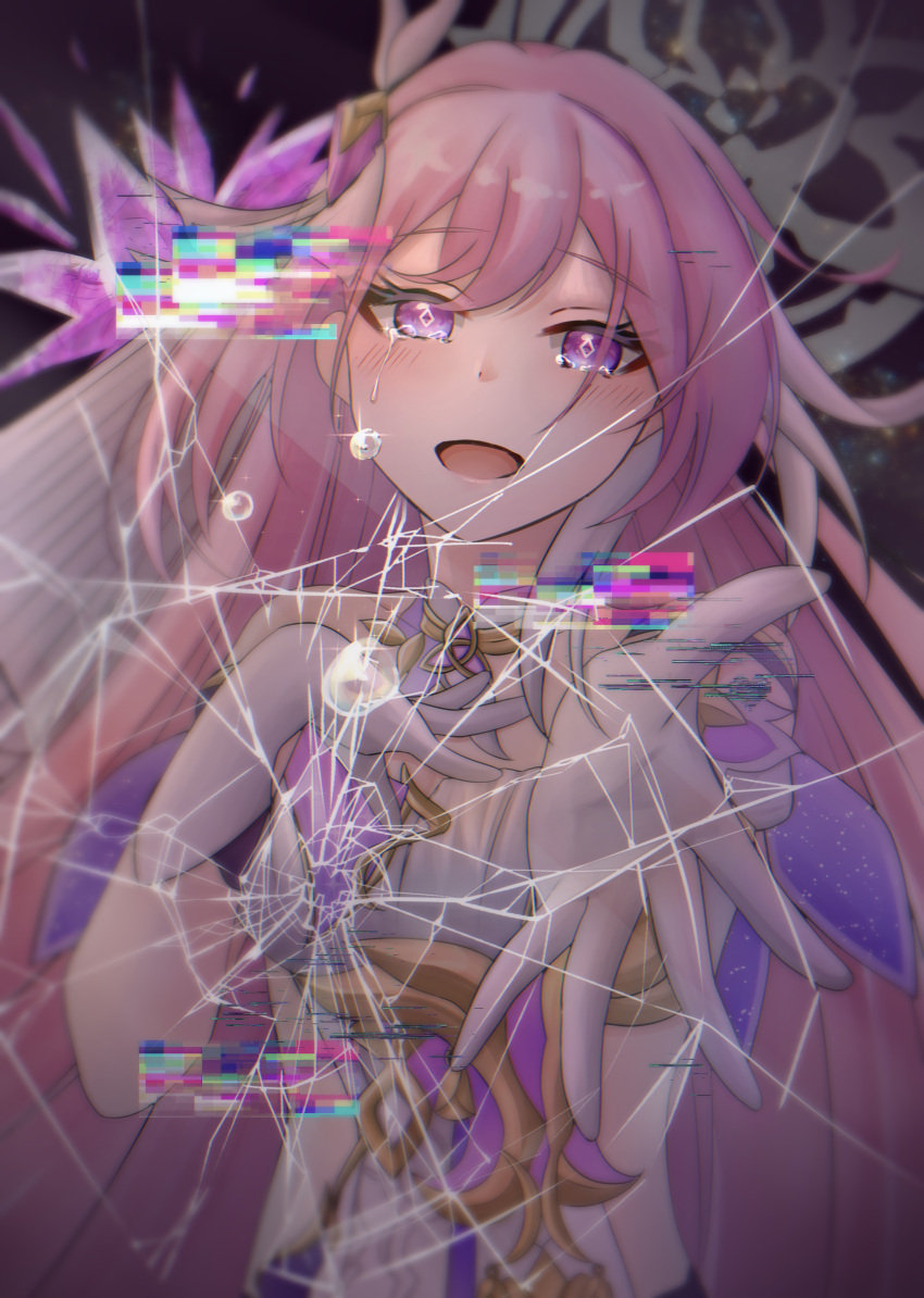 1girl, absurdres, bare_shoulders, broken_screen, clothing_cutout, commentary_request, corset, crying