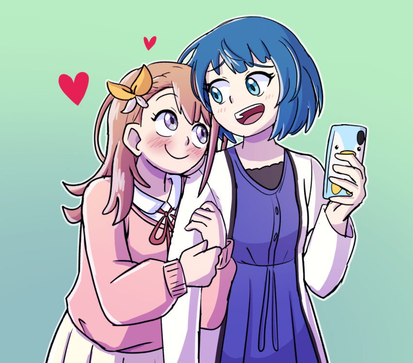 2girls, blue_dress, blue_eyes, blue_hair, blush, brown_hair, coat, dress