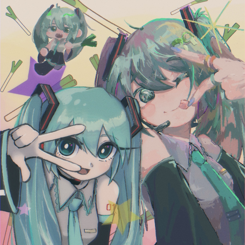 1girl, ;p, aqua_ascot, aqua_eyes, aqua_hair, aqua_necktie, black_sleeves, chibi, chibi_miku, detached_sleeves, gesture, grey_shirt, hatsune_miku, highres, loku, miku_day, necktie, one_eye_closed, open_mouth, osakana_nuco, shirt, smile, spring_onion, tongue, tongue_out, twintails, vocaloid