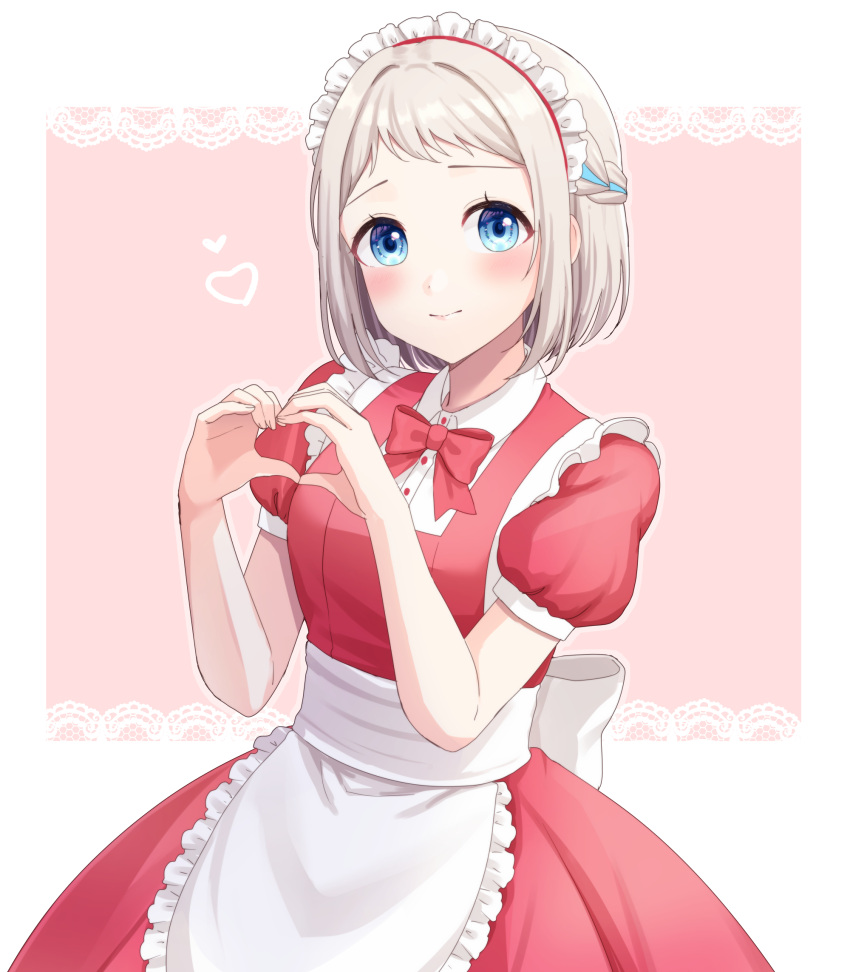 1girl, alternate_costume, apron, blue_eyes, blue_ribbon, blush, border, bow