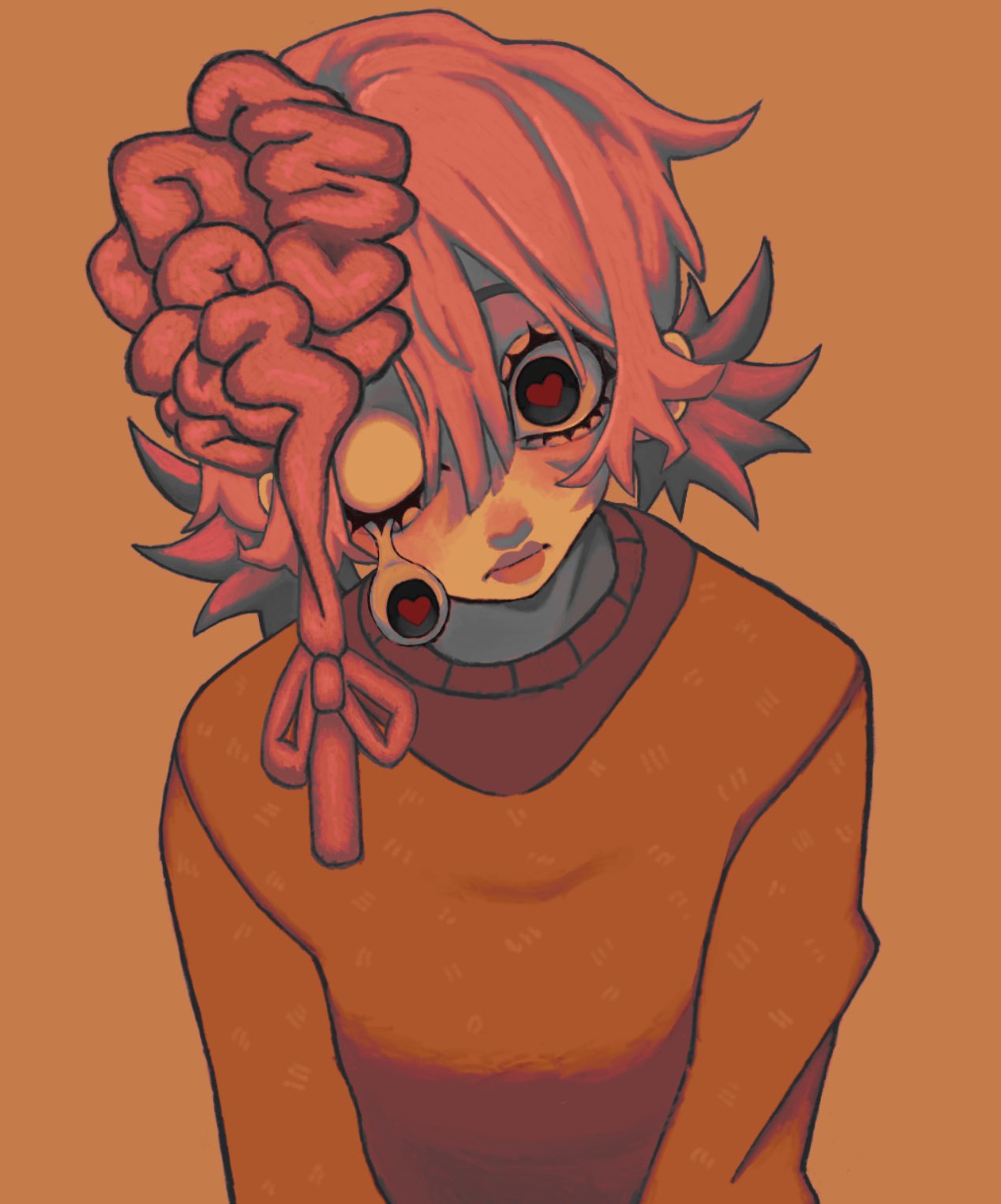 1girl, black_sclera, blush, brain, bulging_eyes, chainsaw_man, colored_sclera, cosmo_(chainsaw_man), dangling_eye, exposed_brain, eye_pop, heart, heart-shaped_pupils, highres, lainpod, lipstick, makeup, orange_background, orange_sweater, simple_background, sweater, symbol-shaped_pupils