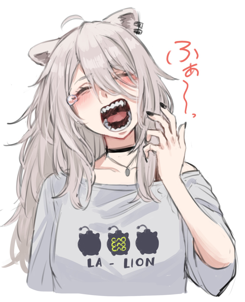 1girl, ahoge, animal_ears, black_choker, black_nails, blush, breasts, choker