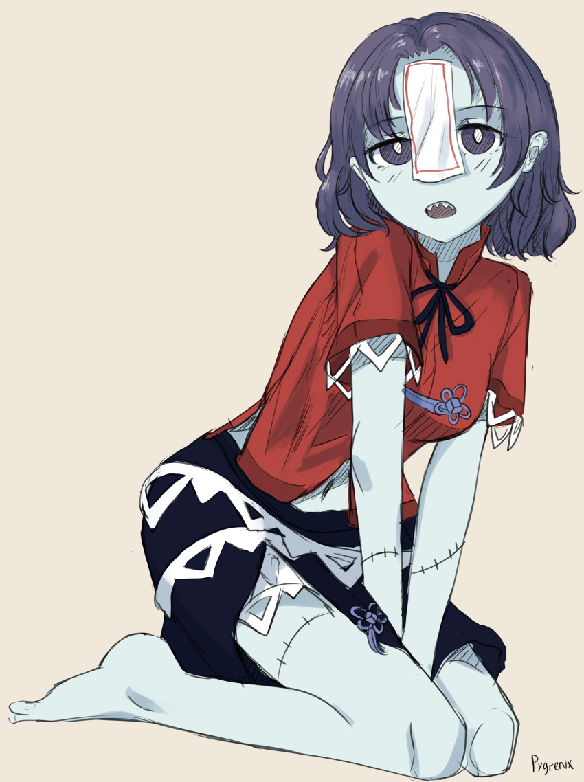 1girl, absurdres, barefoot, between_legs, black_ribbon, black_skirt, bright_pupils, chinese_clothes, colored_skin, full_body, grey_background, grey_skin, hand_between_legs, highres, jiangshi, lace-trimmed_sleeves, lace_trim, looking_at_viewer, miyako_yoshika, neck_ribbon, no_headwear, ofuda, open_mouth, patchwork_skin, purple_hair, pygrenix, red_shirt, ribbon, seiza, sharp_teeth, shirt, short_bangs, short_hair, short_sleeves, simple_background, sitting, skirt, solo, stitches, tangzhuang, teeth, touhou, violet_eyes, white_pupils, zombie