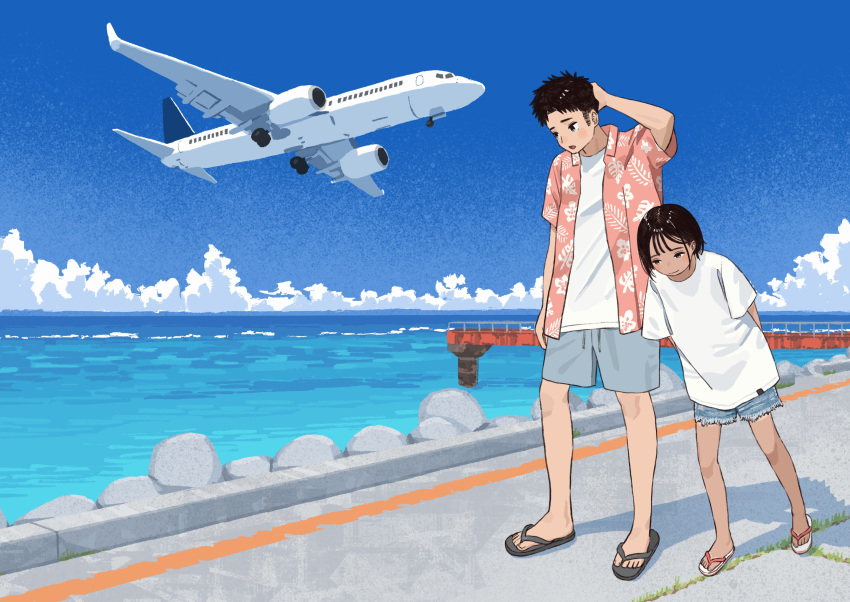 1boy, 1girl, absurdres, aircraft, airplane, arms_behind_back, black_eyes, black_hair