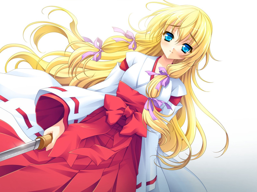 blonde_hair, blue_eyes, blush, game_cg, japanese_clothes, kurenai_no_tsuki, long_hair, miko