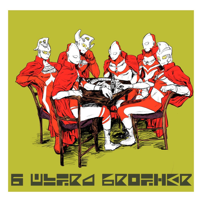 6+boys, album_cover_redraw, alien, arm_on_table, border, bottle, cape, chair