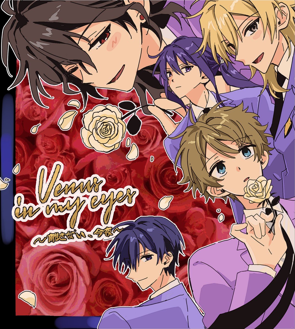 5boys, :d, ahoge, black_hair, black_necktie, blonde_hair, blue_border, blue_eyes