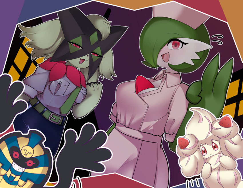 3girls, :3, alcremie, alcremie_(strawberry_sweet), alcremie_(vanilla_cream), animal_hands, animal_nose, arm_at_side, belt, blue_skirt, bob_cut, body_fur, breast_pocket, breasts, cofagrigus, collared_dress, colored_skin, commentary_request, dress, food-themed_hair_ornament, furry, furry_female, gardevoir, green_fur, green_hair, green_necktie, green_skin, grey_shirt, hair_ornament, hair_over_one_eye, half-closed_eyes, hand_up, happy, kurotsuchi_(rezanoffffffu2), large_breasts, long_hair, looking_at_viewer, medium_breasts, meowscarada, multicolored_hair, multicolored_skin, multiple_girls, necktie, one_eye_covered, open_mouth, outline, pencil_skirt, pink_dress, pocket, pokemon, pokemon_(creature), police, police_uniform, policewoman, purple_background, raised_eyebrow, red_eyes, sharp_teeth, shirt, shirt_tucked_in, short_hair, short_sleeves, sidelocks, skirt, smile, standing, strawberry_hair_ornament, streaked_hair, teeth, two-tone_hair, two-tone_skin, v, white_hair, white_outline, white_skin