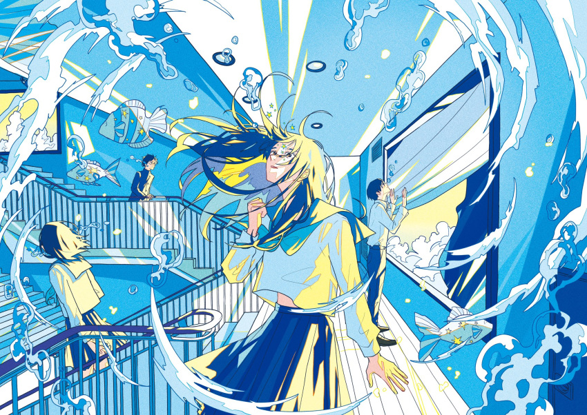 2boys, 2girls, 76oi, black_jacket, blue_hair, blue_neckerchief, blue_pants, blue_skirt