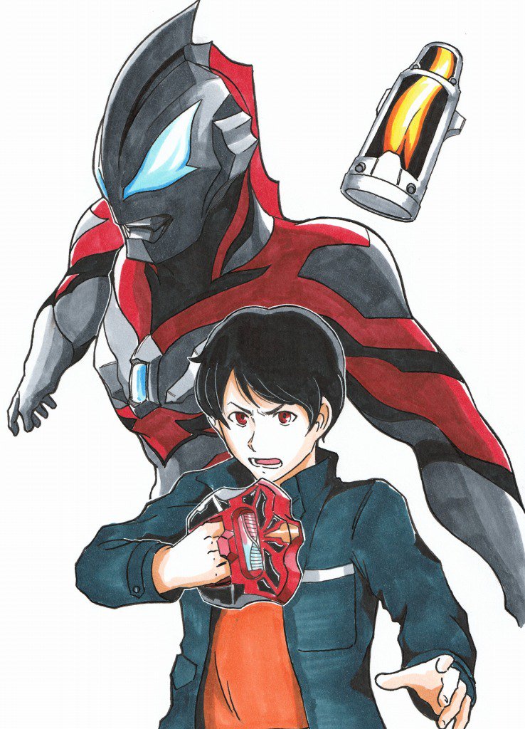 2boys, alien, angry, asakura_riku, black_hair, black_jacket, black_skin, blue_eyes