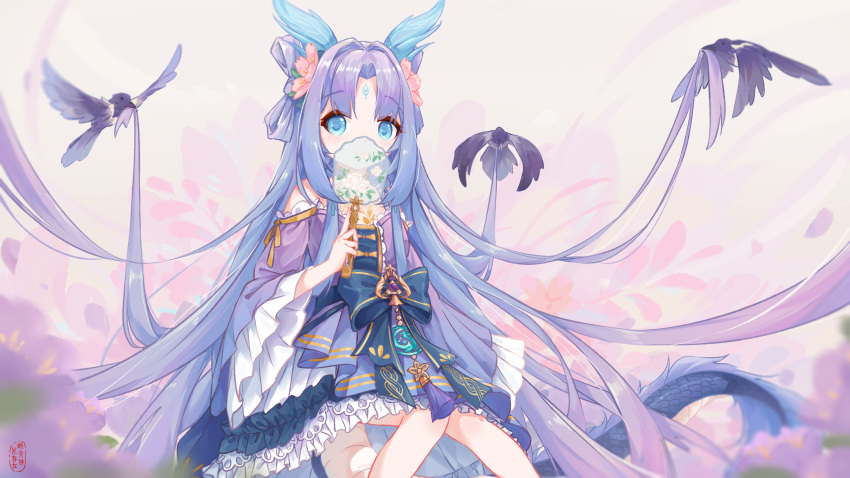 1girl, absurdly_long_hair, bambinata:_vitrum_(pgr), bambinata_(pgr), bare_shoulders, bird, blue_dress, blue_eyes