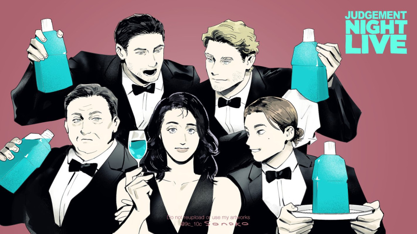 1girl, 4boys, alternate_costume, anya_(mouthwashing), black_bow, black_bowtie, black_dress, black_hair