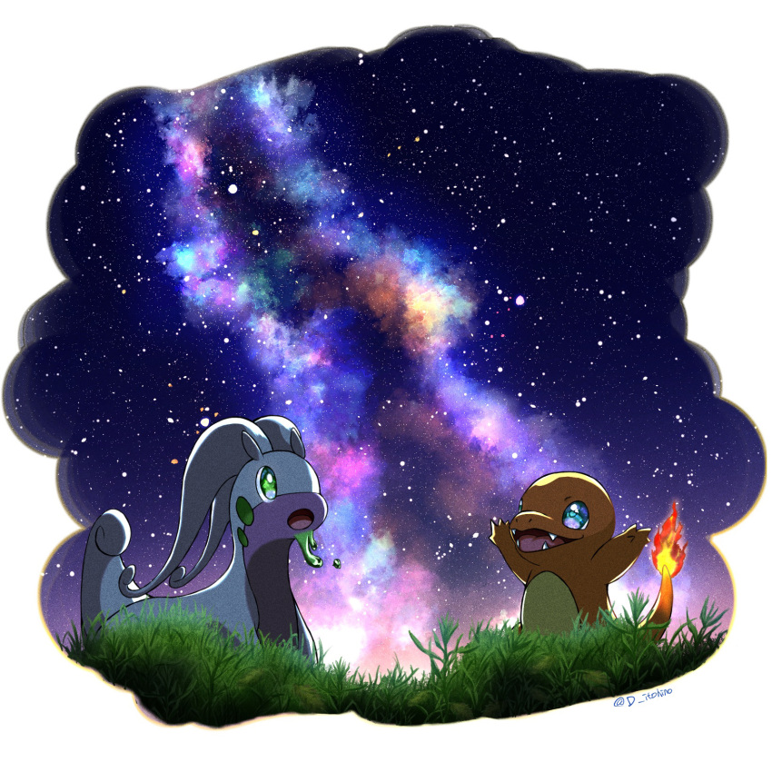 animal_focus, arms_up, artist_name, backlighting, blue_eyes, border, charmander, commentary_request