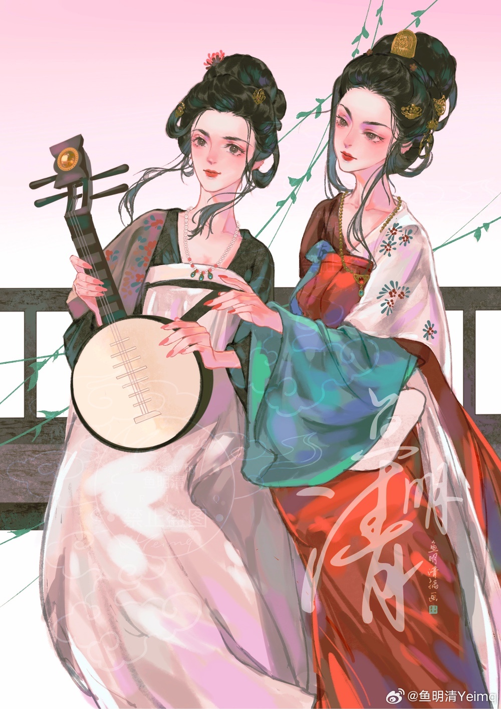 2girls, black_hair, chinese_clothes, dress, gradient_sky, hair_bun, hanfu, highres