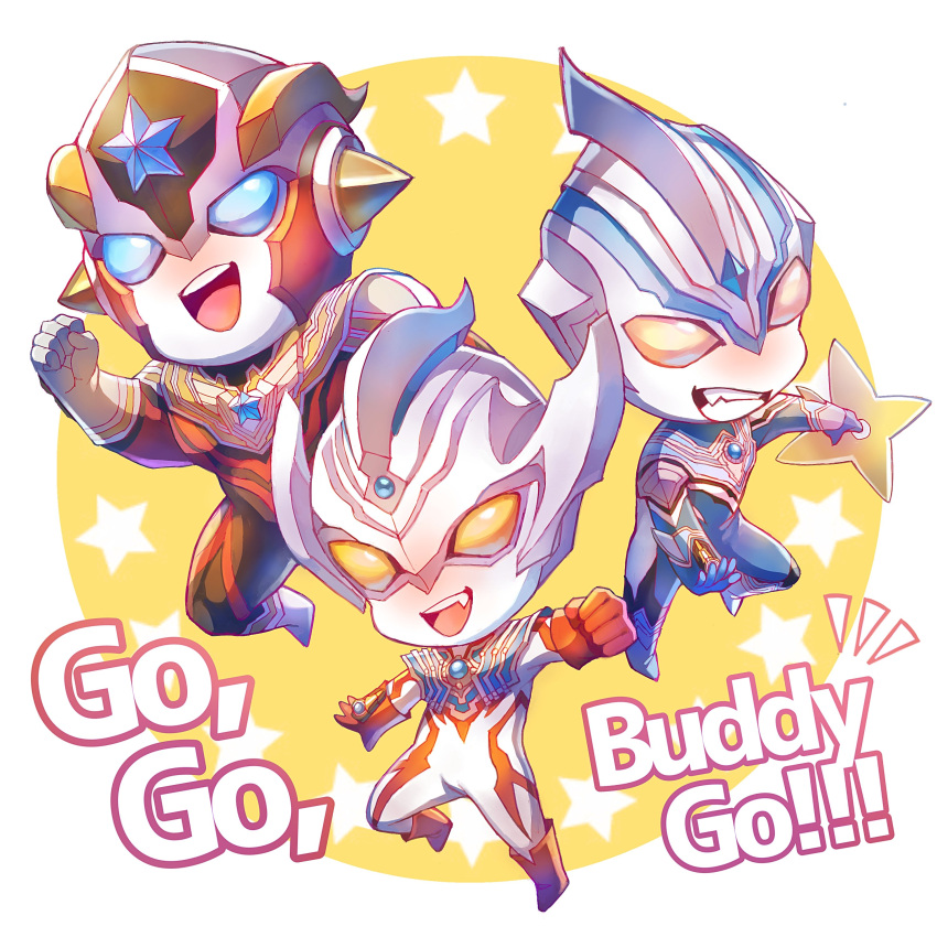 3boys, :d, absurdres, alien, arm_up, armor, black_skin, blue_eyes, blue_gemstone, blue_skin, boots, chibi, clenched_hand, color_timer, colored_skin, commentary_request, english_text, facial_mark, fang, forehead_jewel, forehead_mark, gem, gloves, highres, horns, male_focus, mtkg_05, multicolored_skin, multiple_boys, no_pupils, open_mouth, orange_eyes, red_footwear, red_gloves, red_skin, silver_footwear, silver_gloves, silver_skin, smile, star_(symbol), taiga_spark, tokusatsu, ultra_series, ultraman_fuma, ultraman_taiga, ultraman_taiga_(series), ultraman_titas