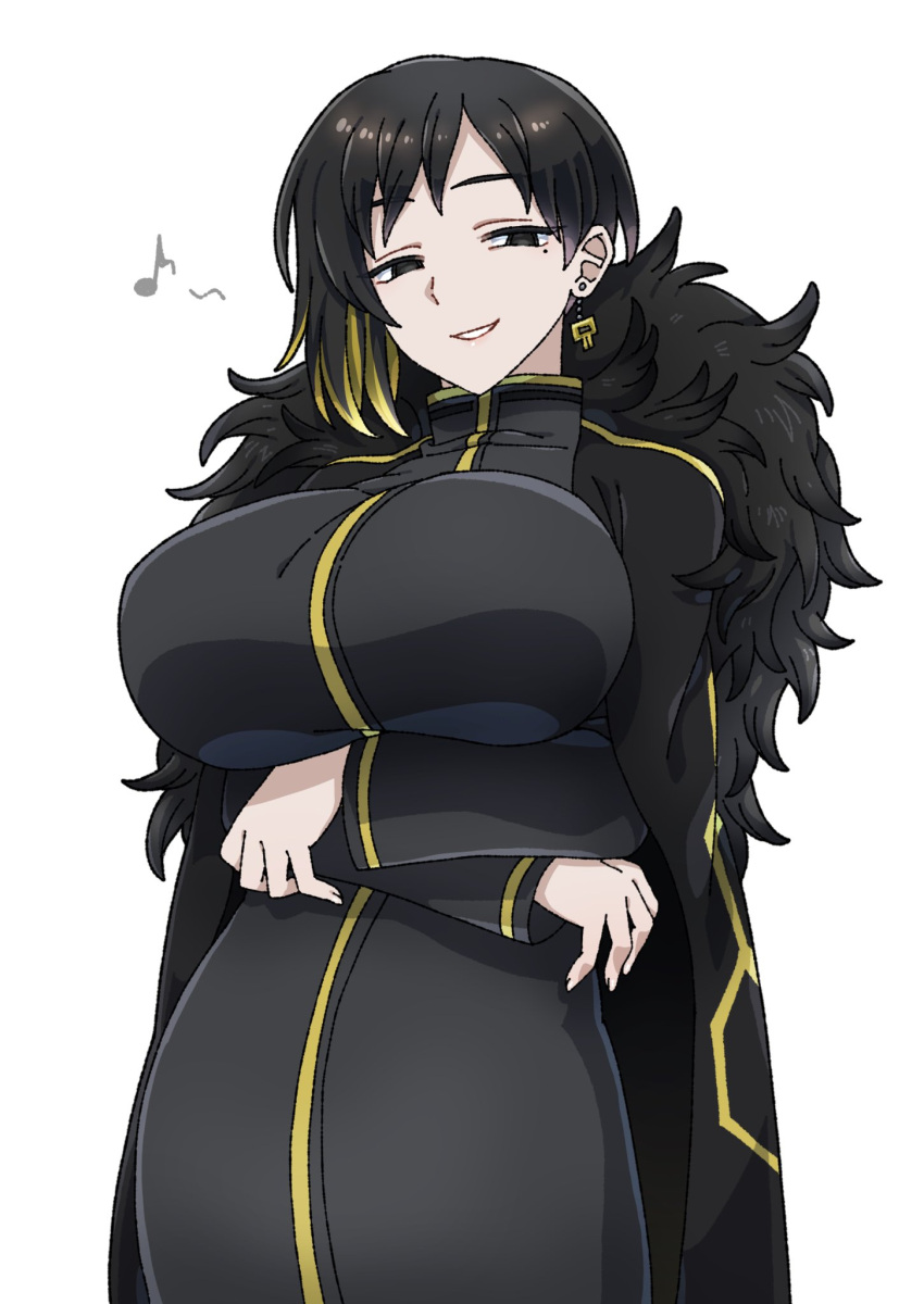 1girl, binah_(project_moon), black_cape, black_dress, black_eyes, black_hair, breasts, cape