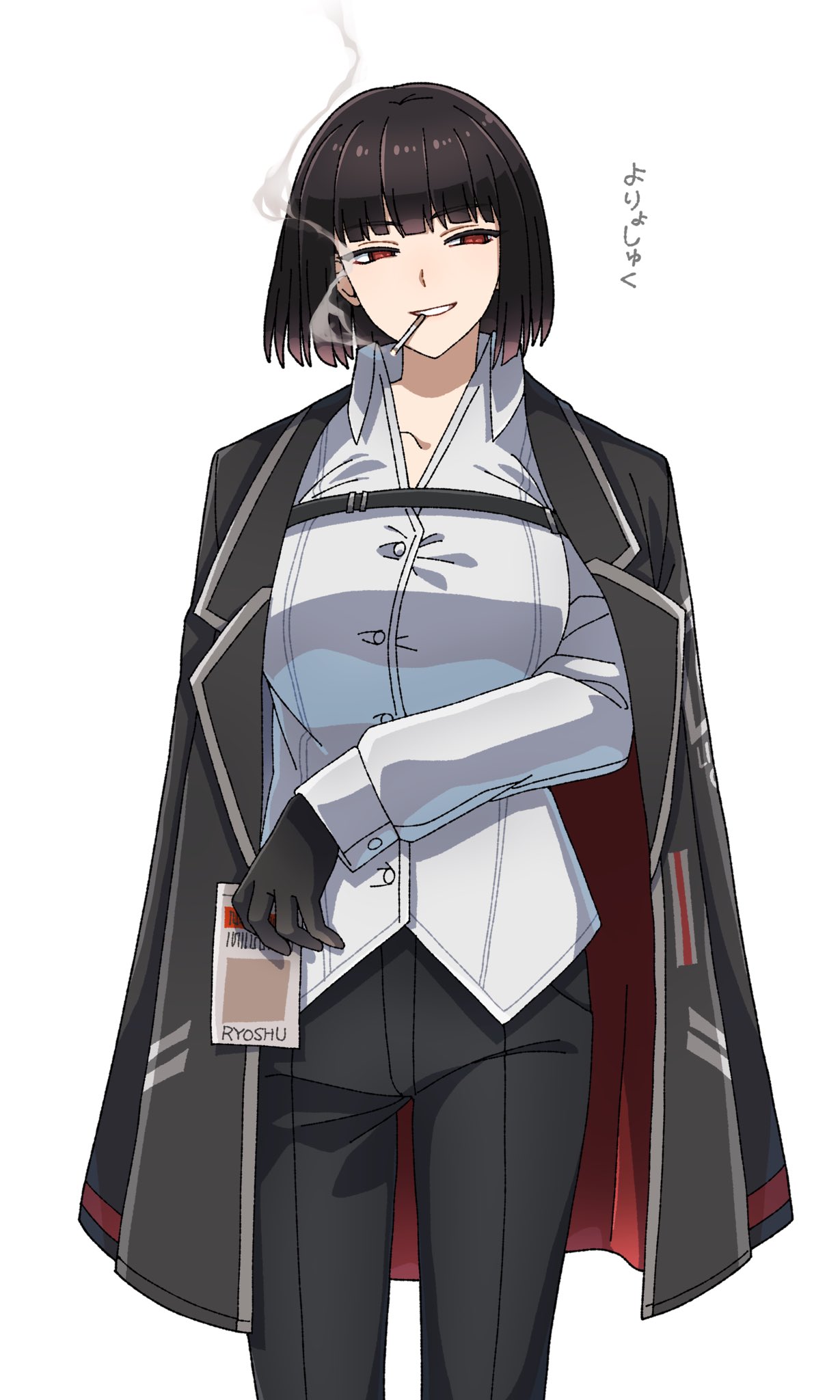 1girl, black_coat, black_gloves, black_hair, black_pants, bob_cut, breasts, buttons