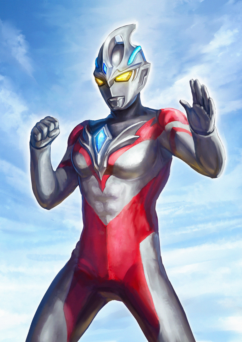 1boy, absurdres, alien, black_skin, blue_gemstone, blue_sky, clenched_hand, clouds