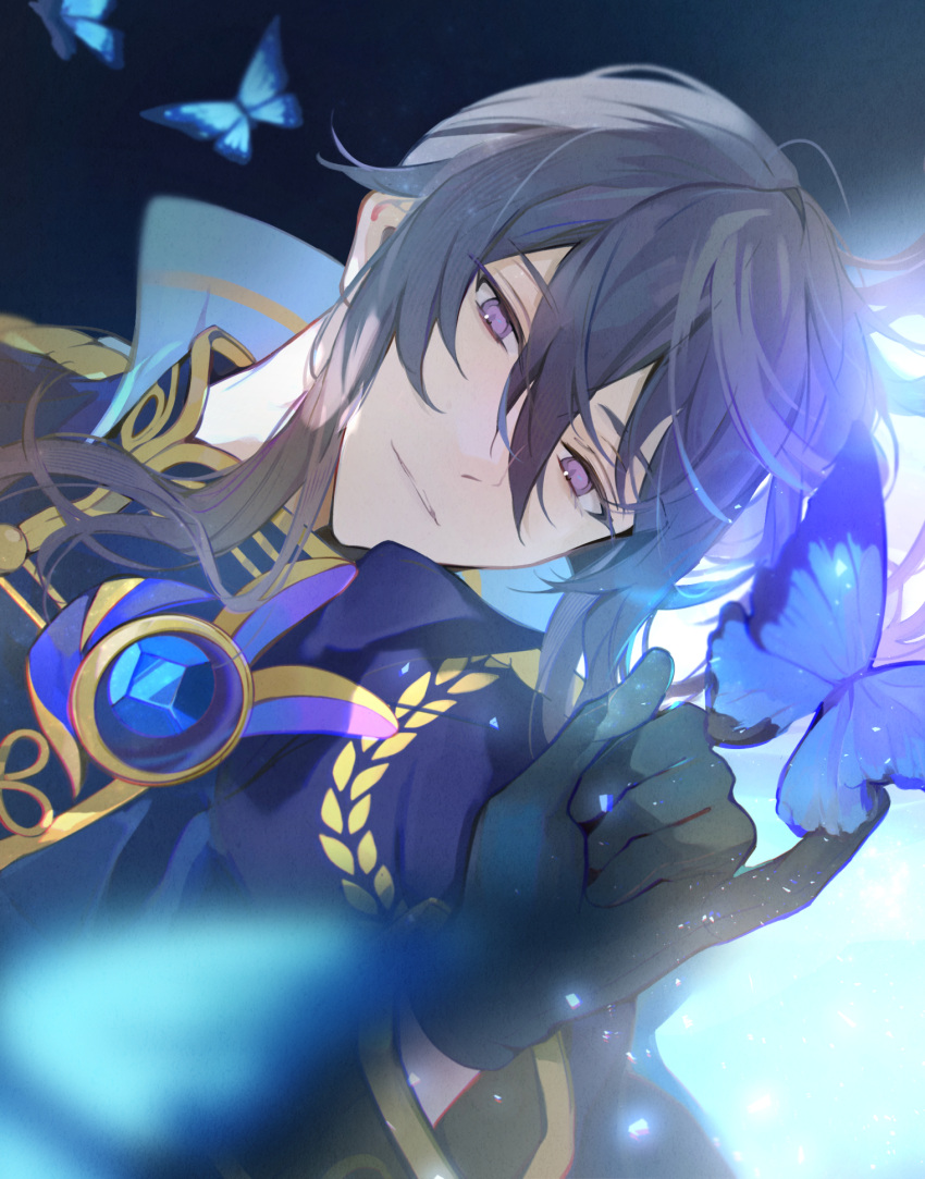 1boy, black_background, black_gloves, black_hair, blue_butterfly, blue_cape, blue_gemstone, blue_jacket