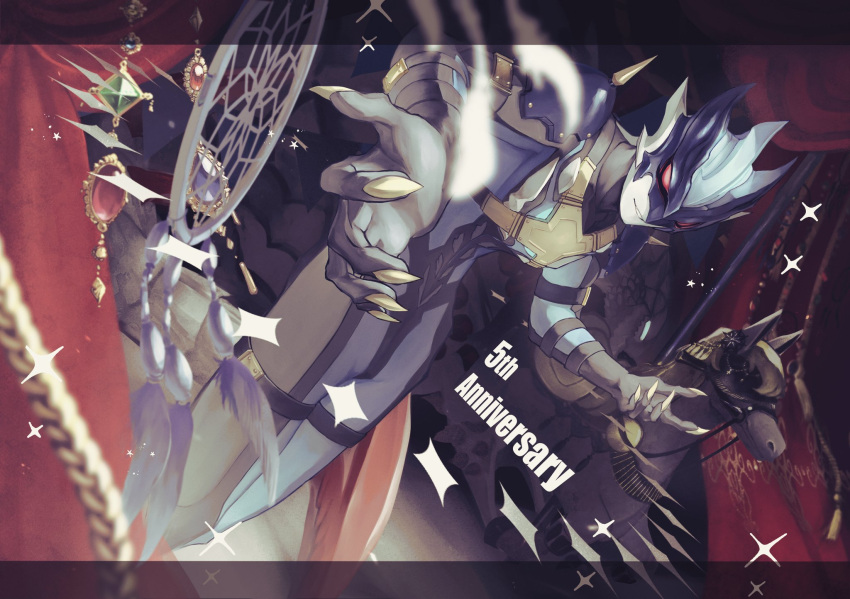 alien, anniversary, arm_strap, armor, black_gloves, black_skin, blue_armor, blue_mask, blue_skin, claws, colored_skin, commentary_request, curtains, detached_carousel_horse, dream_catcher, feathers, gloves, grin, highres, jewelry, letterboxed, looking_at_viewer, male_focus, multicolored_skin, no_pupils, parted_lips, red_eyes, shoulder_armor, shoulder_spikes, silver_skin, smile, sparkle, spikes, strap, stroma_siano, thigh_strap, tokusatsu, ultra_series, ultraman_taiga_(series), ultraman_tregear