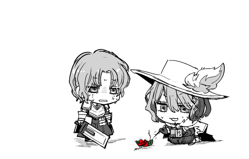 1boy, 1girl, :3, armor, armored_dress, camille_(project_moon), cavalier_hat, cellphone