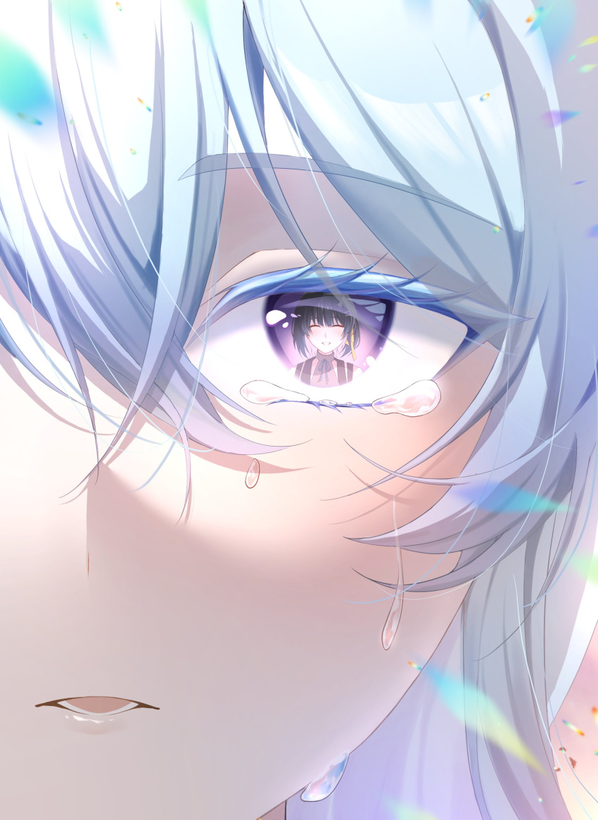 2girls, absurdres, black_hair, blue_hair, closed_eyes, colored_eyelashes, colored_inner_hair, commentary_request, eye_focus, eye_reflection, female_rover_(wuthering_waves), hair_between_eyes, hair_ribbon, highres, long_hair, looking_at_viewer, multicolored_hair, multiple_girls, parted_lips, reflection, ribbon, rover_(wuthering_waves), smile, tearing_up, the_shorekeeper_(wuthering_waves), violet_eyes, white_hair, wuthering_waves, yellow_ribbon, yun_(yun_4_11)