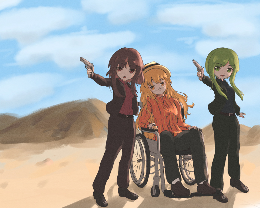 3girls, absurdres, alternate_costume, blonde_hair, breaking_bad, brown_eyes, brown_hair, cosplay