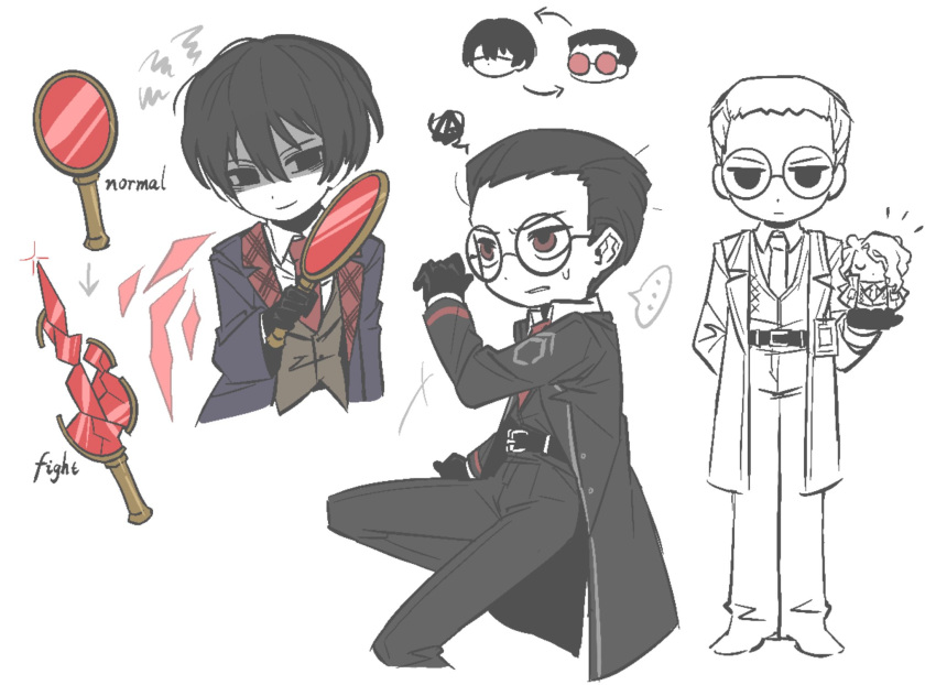 1girl, 2boys, alternate_universe, black_eyes, black_gloves, black_hair, broken_mirror, e.g.o_(project_moon)