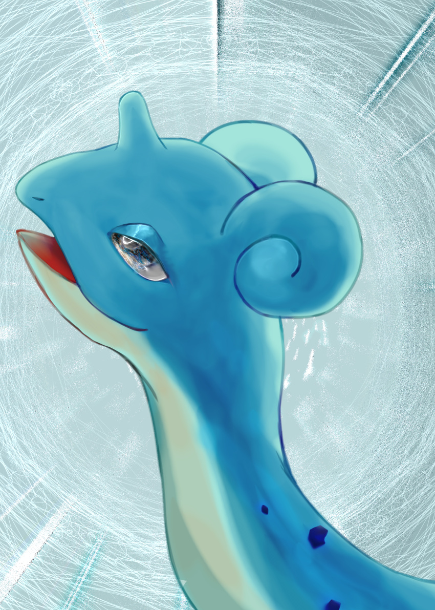 absurdres, animal_focus, blue_eyes, commentary, from_side, grey_background, half-closed_eyes, highres, lapras, no_humans, open_mouth, pokemon, pokemon_(creature), portrait, profile, rey_(pixiv_95560830), solo
