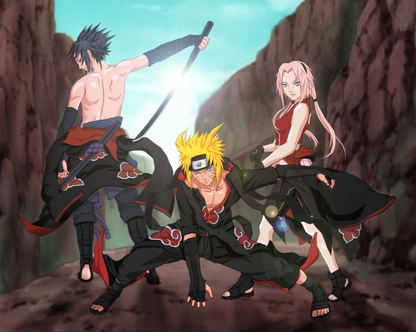 2boys, akatsuki_(naruto), black_hair, blonde_hair, blue_eyes, breasts, female, fighting_stance