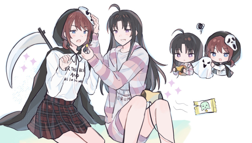 2girls, ahoge, artist_request, awa_subaru, black_cape, black_hair, blue_eyes, blush