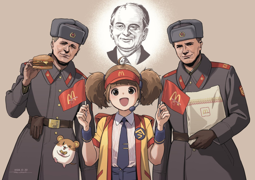 1girl, 3boys, artist_name, badge, belt, black_eyes, brown_hair, burger, commentary, dated, double_cheese_(mcdonald's), flag, food, fur_hat, gloves, hamster, happi, hat, headset, holding, holding_burger, holding_flag, holding_food, horikou, japanese_clothes, long_sleeves, looking_at_viewer, mcdonald's, mikhail_gorbachev, military_uniform, multiple_boys, necktie, open_mouth, realistic, short_hair, short_twintails, smile, soviet_army, tasuki, tie_clip, twintails, ushanka, visor_cap, wristband