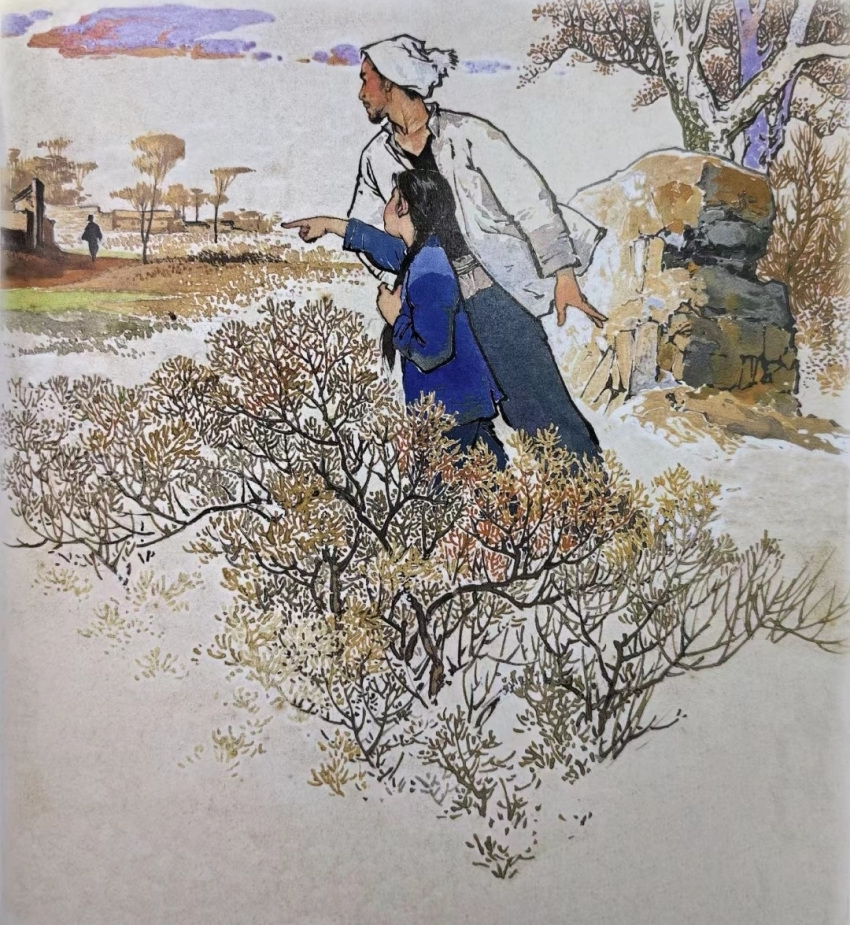 1boy, 1girl, 1other, age_difference, asian, blue_shirt, bush, child, china, clouds, dress_shirt, headscarf, original, outdoors, pointing, retro_artstyle, shirt, sky, tree, white_headscarf, zhongguo_shuhua_shici_yuan