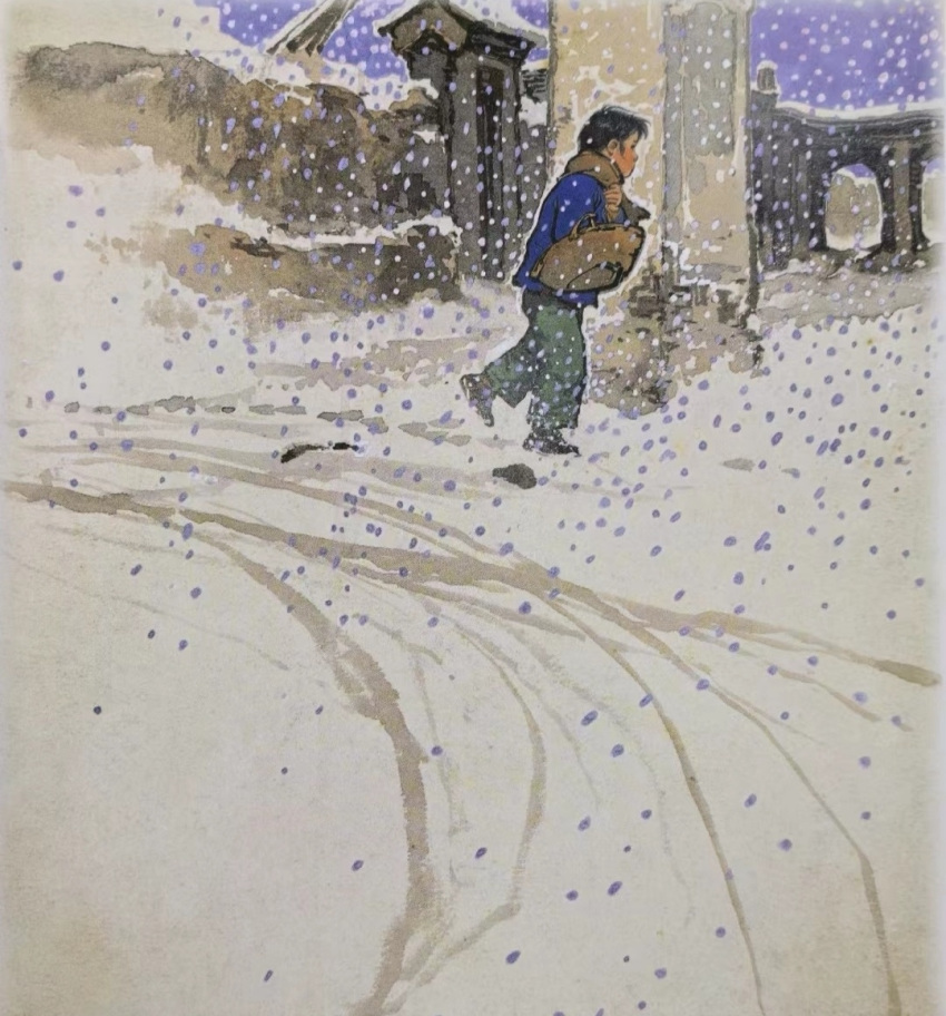 1girl, architecture, basket, black_hair, child, china, east_asian_architecture, green_pants, original, outdoors, pants, purple_sky, sky, snow, snowing, solo, walking, winter, zhongguo_shuhua_shici_yuan