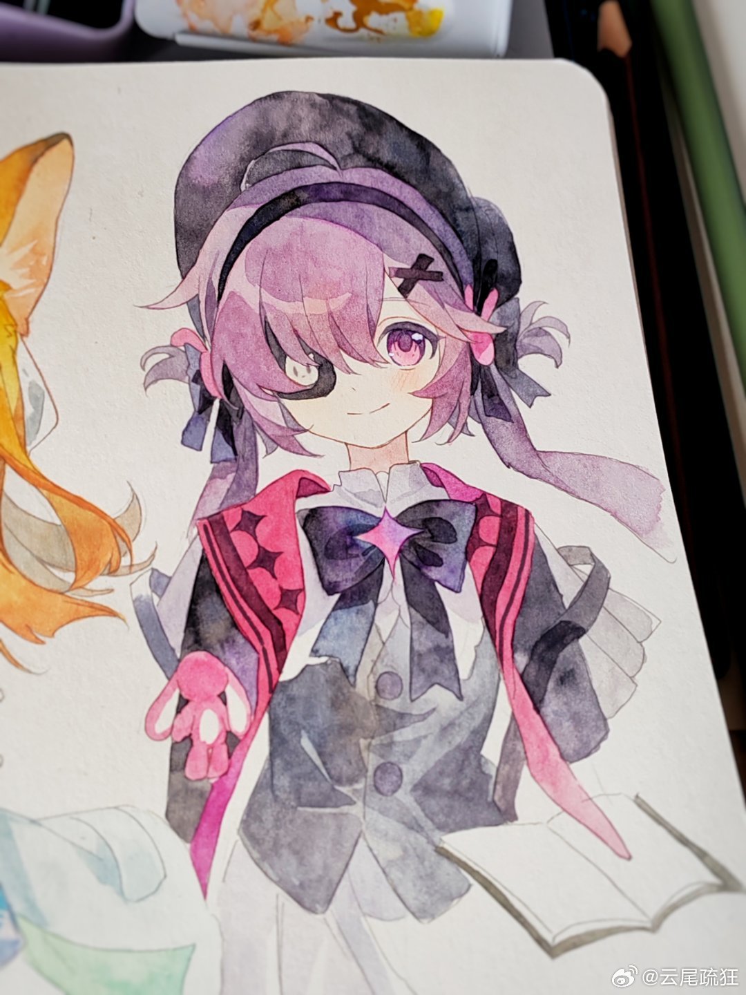 2girls, ahoge, arknights, art_tools_in_frame, artist_name, black_bow, black_bowtie, black_hat