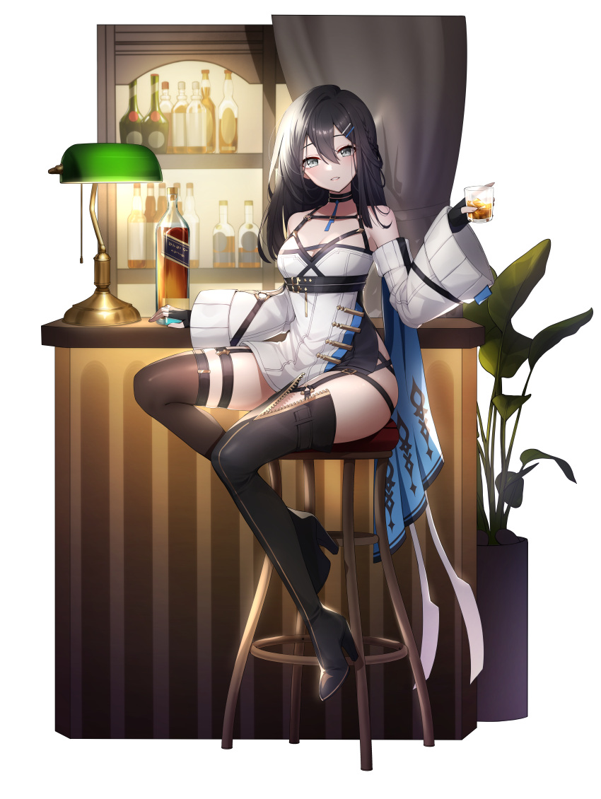 1girl, absurdres, alcohol, asymmetrical_footwear, belt, black_choker, black_gloves, black_hair, blue_capelet, boot_zipper, boots, breasts, cabinet, capelet, chair, chest_belt, choker, cup, desk_lamp, detached_sleeves, dress, eversoul, fingerless_gloves, full_body, game_cg, gloves, grey_eyes, hair_between_eyes, hair_ornament, hairclip, high_heels, highres, holding, holding_cup, jack_daniel's, lamp, linzy_(eversoul), linzy_(thanatos)_(eversoul), long_sleeves, looking_at_viewer, medium_hair, multiple_belts, official_alternate_costume, official_alternate_hairstyle, official_art, open_mouth, plant, potted_plant, puffy_long_sleeves, puffy_sleeves, side_cape, side_slit, single_thigh_boot, single_thighhigh, sitting, sleeves_past_wrists, small_breasts, solo, tachi-e, thigh-highs, thigh_boots, thigh_strap, transparent_background, whiskey, white_dress, zipper
