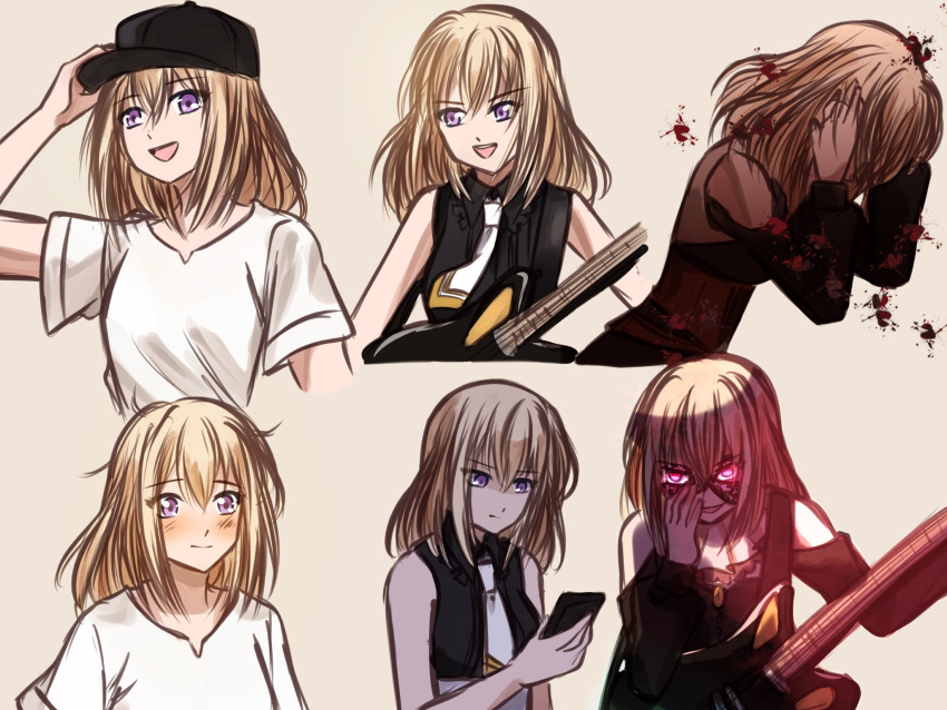 1girl, bang_dream!, bang_dream!_it's_mygo!!!!!, black_corset, black_hat, black_vest, blonde_hair, cellphone