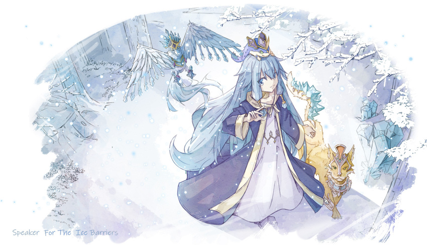 ariel_(yu-gi-oh!), blue_eyes, blue_hair, character_name, dress, duel_monster, gishki_ariel, ice