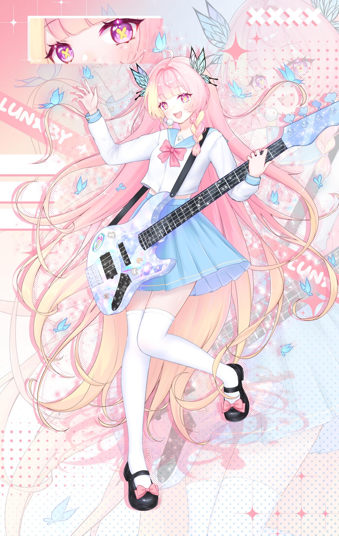 artist_request, blue_butterfly, blue_sailor_collar, blue_skirt, bow, bowtie, braid, bug