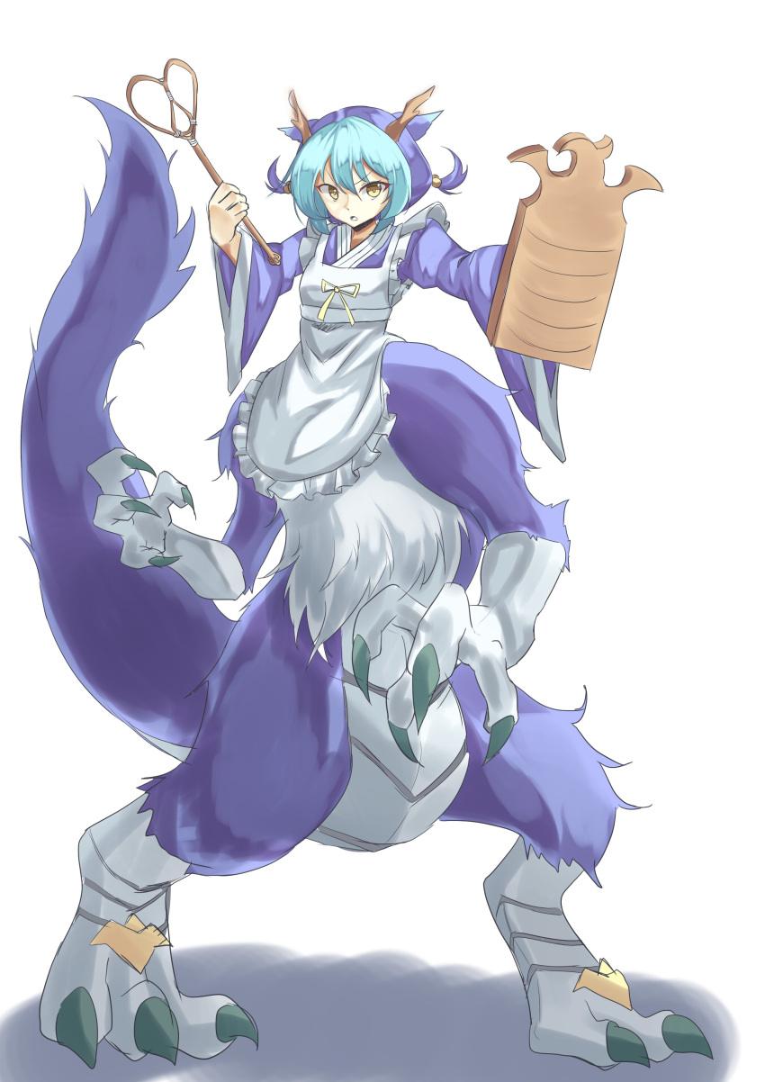 1girl, absurdres, apron, blue_hair, blue_kimono, centauroid, claws, commentary_request, cutting_board, dragon_horns, dragon_tail, dragonmaid_nudyarl, duel_monster, full_body, fusion, hair_between_eyes, highres, holding, horns, japanese_clothes, kimono, lace-trimmed_apron, lace_trim, laundry_dragonmaid, looking_at_viewer, maid, maid_apron, monster_girl, monsterification, multicolored_hair, ne_(nu_kazuya), parted_lips, rearing, shadow, short_hair, sidelocks, simple_background, solo, standing, tail, taur, two-tone_hair, wa_maid, white_background, yellow_eyes, yu-gi-oh!