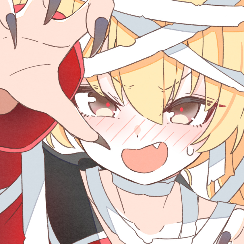 1girl, 2657314861, arm_up, bandaged_arm, bandaged_head, bandaged_neck, bandages, black_eyes