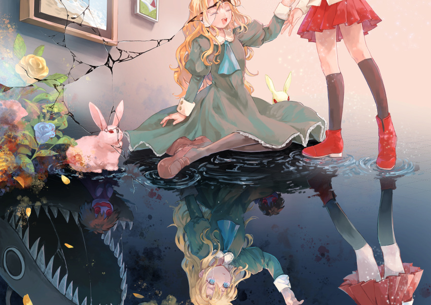 2girls, 58_(scbaby), :d, absurdres, anglerfish, ascot, black_socks, blonde_hair