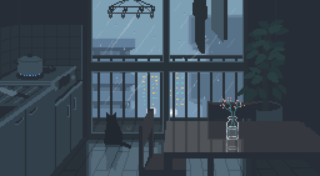 animal, animated, animated_gif, balcony, building, cabinet, cat, chair, cooking_pot, fog, indoors, kitchen, knife, looping_animation, mejwh, no_humans, original, pixel_art, plant, potted_plant, rain, reflective_floor, reflective_table, sliding_doors, stove, table, unworn_clothes, vase