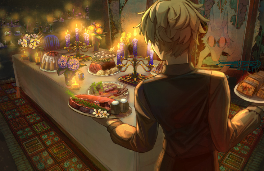 1boy, absurdres, backlighting, blonde_hair, cande, candelabra, candle, candlestand, cape, chair, dated, dining_room, dress_shirt, facing_away, flower, food, from_behind, garnish, grey_shirt, highres, holding, holding_plate, indoors, male_focus, meal, meat, original, plate, roast_beef, rug, scenery, shirt, signature, solo, table, tablecloth, tsukinami_04, vase