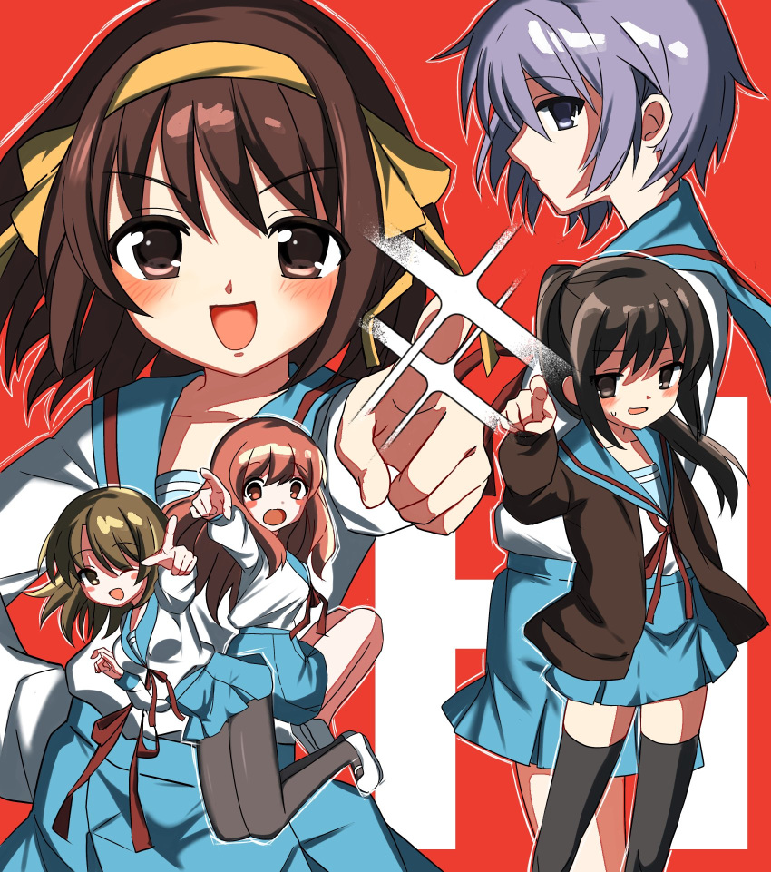 5girls, :d, ;d, asahina_mikuru, black_thighhighs, blue_sailor_collar, blue_skirt, blush, brown_cardigan, brown_eyes, brown_hair, cardigan, collarbone, commentary_request, genderswap, genderswap_(mtf), grey_pantyhose, h_(letter), hair_ribbon, hairband, hand_on_own_hip, highres, joral_(jar_of_desire), kita_high_school_uniform, koizumi_itsuki_(female), kyonko, long_hair, long_sleeves, looking_at_viewer, medium_hair, multiple_girls, nagato_yuki, one_eye_closed, open_cardigan, open_clothes, open_mouth, pantyhose, pleated_skirt, pointing, pointing_at_viewer, ponytail, purple_hair, red_background, red_ribbon, ribbon, sailor_collar, school_uniform, serafuku, shirt, shoes, short_hair, simple_background, skirt, smile, sos_brigade, sparkle, suzumiya_haruhi, suzumiya_haruhi_no_yuuutsu, thigh-highs, uwabaki, violet_eyes, white_footwear, white_shirt, winter_uniform, yellow_hairband, yellow_ribbon