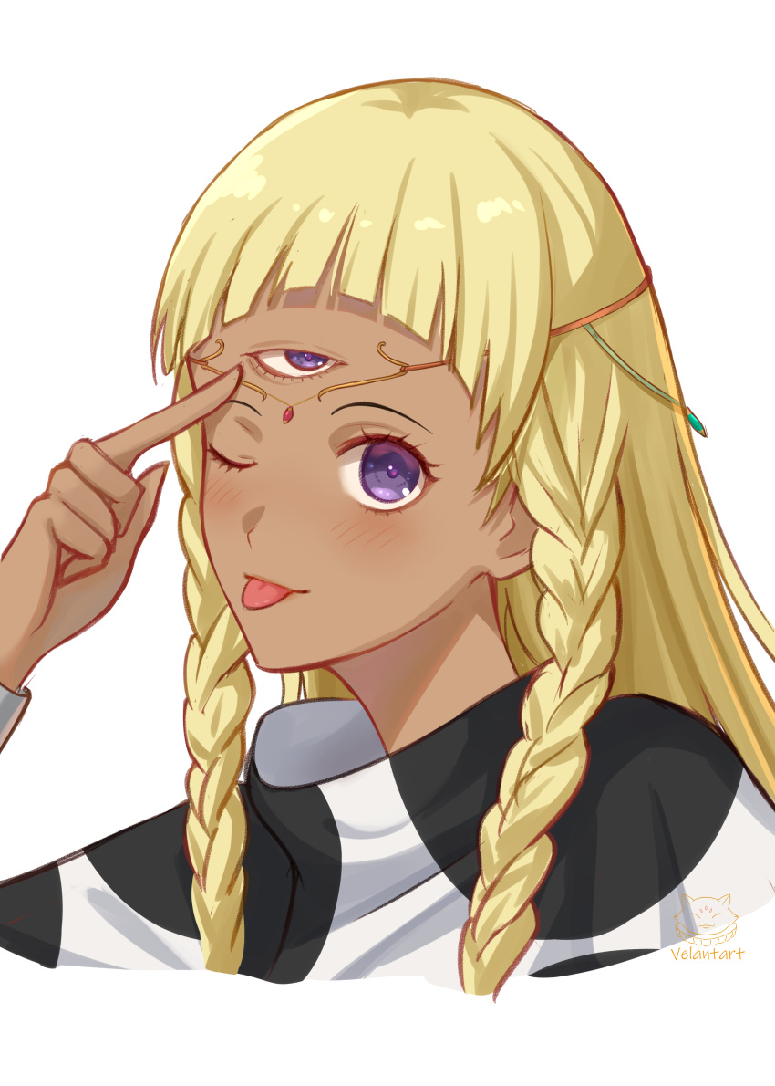 1girl, ;p, absurdres, artist_name, blonde_hair, braid, commentary_request, dark-skinned_female, dark_skin, eupha_(metaphor:_refantazio), highres, index_finger_raised, long_hair, looking_at_viewer, metaphor:_refantazio, one_eye_closed, simple_background, solo, third_eye, tongue, tongue_out, twin_braids, velantart, violet_eyes, white_background