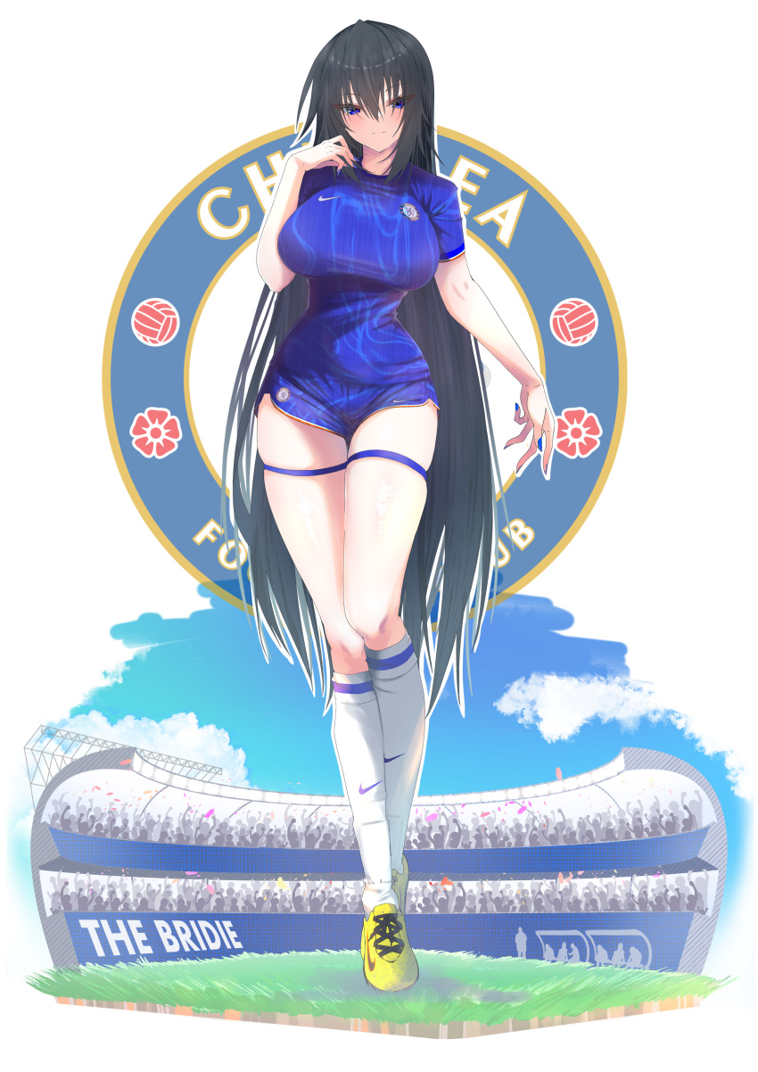 1girl, absurdres, arm_at_side, black_hair, blue_eyes, blue_nails, blue_shirt, blue_shorts
