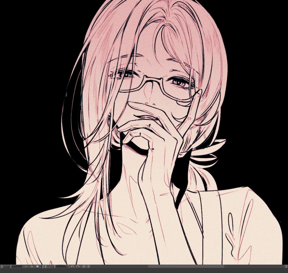 1girl, angon623, art_program_in_frame, art_program_request, black_background, collarbone, forehead, glasses